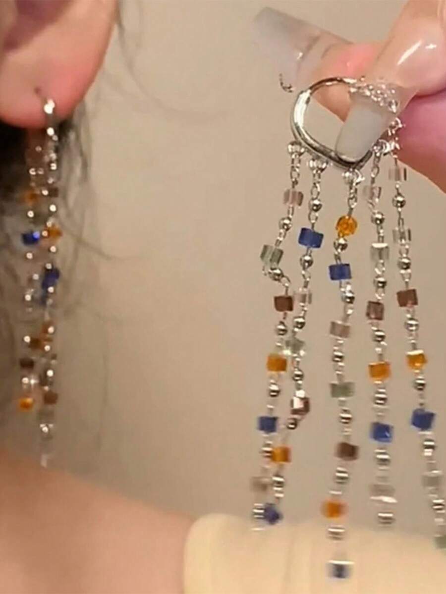 Bông tai tua rua cầu vồng, thiết kế độc đáo, thời trang, hình trái tim (hạt cầu vồng ngẫu nhiên) - Nhiều màu - Xem 1