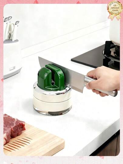 1个吸盘式磨刀器，小型家用厨房磨刀器，便携式磨刀器，带固定磨刀石支架，机身小巧，便于收纳和携带，强力吸盘底座可牢固吸附在桌面或光滑表面上，适用于厨房刀具、肉刀、水果刀、剪刀等。