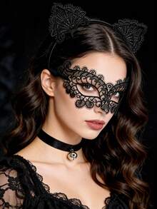 Bộ 3 món chủ đề mèo cái (Băng đô mèo, bịt mắt ren, vòng cổ có chuông) - Thích hợp cho trang phục thú cưng cái, trang điểm theo chủ đề mèo. - Nhiều màu - Xem 3