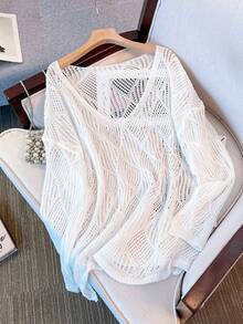 Women's V-Neck Hollow Rhombus Design Loose Knit Cover Up, Airy And Breathable For Beach/Resort Wear, Spring/Summer Vacation - 白色 - 查看 3