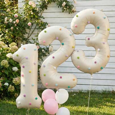 3pcs 32-Inch Cream-Colored Number Foil Balloons With Plush Balls, DIY Birthday Party Decorations, Baby Shower Party Supplies