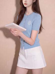 Alicedudu Áo dệt kim tay ngắn cổ tròn kiểu tối giản dành cho nữ, thích hợp cho mùa hè. - Màu xanh nhạt - Xem 4