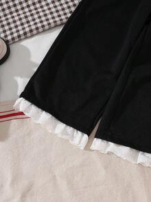 Conjunto de duas peças para meninas, composto por blusa sem mangas com laço e calça com detalhes em renda, ideal para a primavera/verão. - Branco - Ver 6