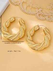 1 Pair Fashionable Hollow Braided Texture Asymmetrical Large Gold Women Earrings, Casual Daily Wear - A Pair Of Geometric Earrings - View 5
