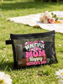 1pc Mother's Day Themed Makeup Mesh Bag, Mother Makeup Bag, "You Are A Beautiful Mother, Happy Mother's Day" Floral Pattern, Mother Gift, Large Capacity Women's Travel Makeup Bag Toiletries, Diy Storage Bag, Portable Foldable Storage Bag, Suitable For Personal Travel Cosmetics Collection, Travel Small Bag Toiletries Bag - Multicolor - View 2