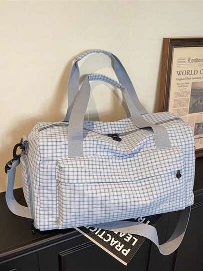 1个格子尼龙大容量手提包，时尚旅行收纳包，健身包，适合女性日常使用