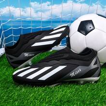 1 Pair Men's Soccer Cleats, Low-Top Outdoor Team Sports Shoes, Adult & Youth Sizes, AG Long Studs For FG Soft Ground & Natural Grass, Lace-Up Leather Football/Soccer Shoes - Black - View 4