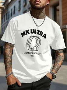 Crew Neck Graphic Cotton T Shirt For Men Black White Options,   Ultra Summer Camp 1987 Oversized Tees Casual Wear, Spring Short Sleeve Loose Fit Tops, Summer Fashion Basic Shirts, Clothes Gift For Men - 白色 - 查看 2