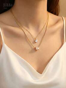 Hihho 两件套奢华锆石吊坠项链，多层项链，搭配暖金色镀层底座，适合不同场合和风格，可单独佩戴或叠戴。 - 項鍊套裝 - 查看 5