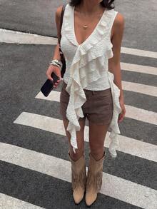 Women's White Ruffle Asymmetric Tank Top | V-Neck Sleeveless Casual Top - Apricot - View 1