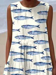 Plus Size Women's Sleeveless Round Neck Tank Dress White Base Blue Fish Allover Print Fresh Ocean Style Loose Straight Fit Seaside Vacation Daily Casual Dress - 彩色 - 查看 5