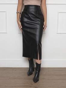 Onlyone - Women's Black Faux Leather Midi Skirt, High Waist, Front Slit, Elegant, Modern, Fashionable For Women, Work, And Religious Events. - màu đen - Xem 2