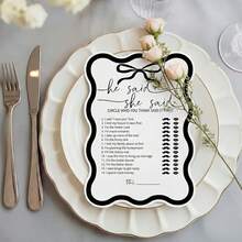 Bộ bài trò chơi "Anh ấy nói, cô ấy nói" dành cho tiệc cưới và lễ đính hôn theo phong cách tối giản với nơ đen, phù hợp cho khách mời. - A - Xem 5
