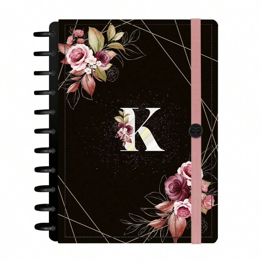 Caderno De Disco Iscool Inteligente 140 Folhas M+ G+ Monograma Floral Letra K - Preto e Rosa - Visão 1