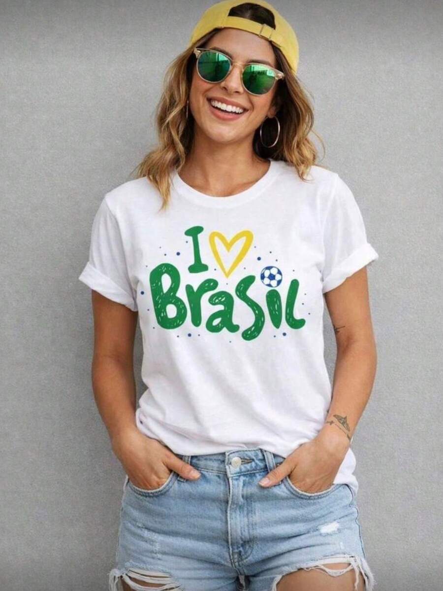 Women's T-Shirt Copa Brasil Women's I Love Brazil Stylish 2026 100% Cotton Short Sleeve Round Neck Summer Style - 白色 - 查看 1