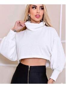 Women's Long-Sleeved Cropped Top With A High Neck In Wool Fabric. - White - View 1