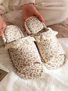 Women's Linen Slippers, Khaki Color With Lace Trim & Floral Pattern, Comfortable Indoor Non-Slip Warm Soft Sole, Suitable For Spring, Autumn And Winter - Khaki - View 2