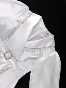 Đầm ôm dáng màu trắng ren satin dành cho nữ cỡ lớn, tay phồng, thắt lưng đính ngọc trai, thanh lịch, thích hợp dự đám cưới, tiệc cocktail, các dịp trang trọng. - trắng - Xem 4
