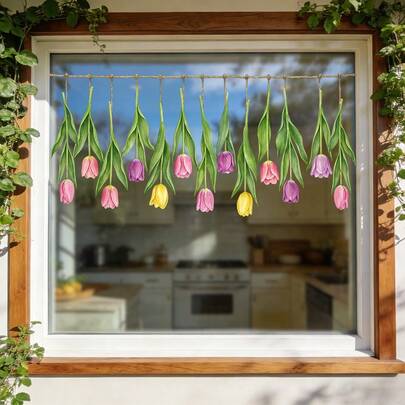 1/4pcs Vibrant Tulip Floral Window Stickers For Spring, Reusable Double-Sided Visible Electrostatic Glass Stickers, Suitable For Living Rooms, Bedrooms, Kitchens, Bathrooms, And Home Decor.