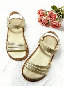 1 Pair Fashion Children's Sandals, Gold Girls' Flat Sandals, Minimalist Triple Strap, Versatile & Elegant, Soft Non-Slip Sole, Gold Strap Hook And Loop Design, Suitable For Banquets, Gatherings, Parties, Weddings, Vacations - Gold - View 2