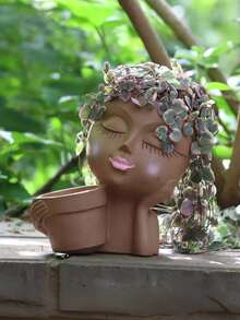 1个手工制作的脸形花盆，直立“接吻”脸花盆，适合悬挂植物，可爱的多肉植物花盆，树脂材质，趣味脸部设计花盆，白色，1个。 - 顏色 - 查看 10