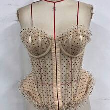 Women's Polka Dot Lace Corset Top With Front Button Closure & Tie-Front Straps, Black/White/Apricot/Brown Strapless Bustier With Built-In Underwire, Removable Pads & Visible Boning, Street-Ready Hot Girl Style For Parties, Daily Wear & Layering - 杏色 - 查看 1
