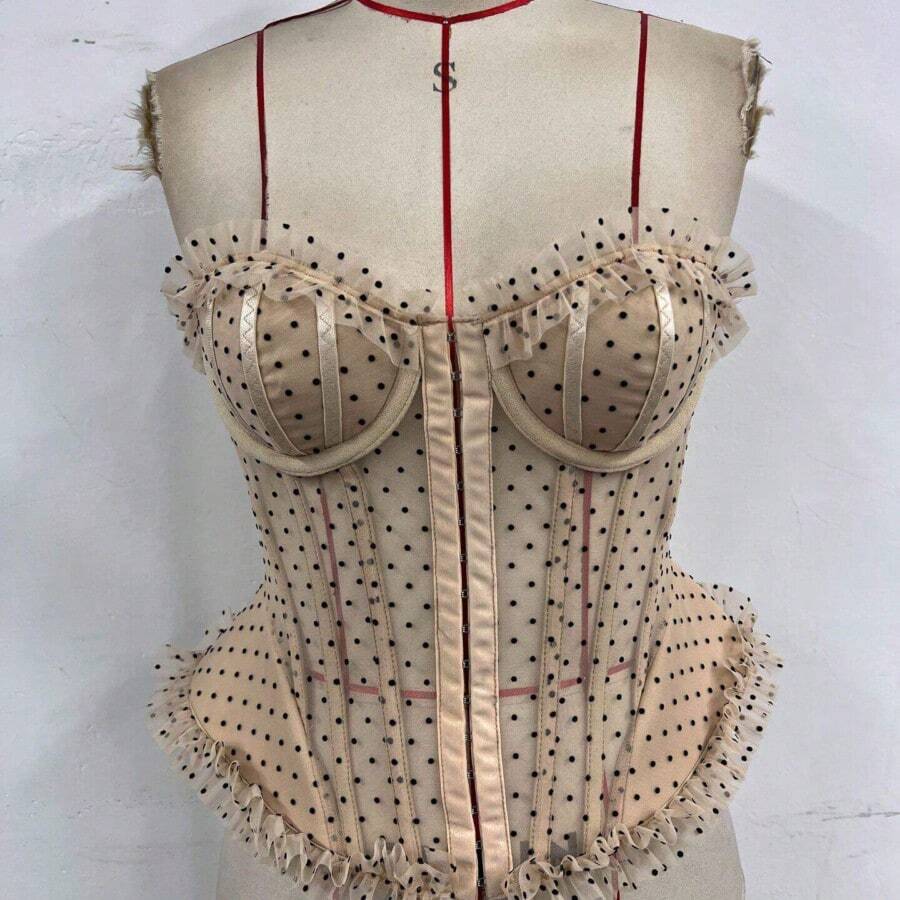 Women's Polka Dot Lace Corset Top With Front Button Closure & Tie-Front Straps, Black/White/Apricot/Brown Strapless Bustier With Built-In Underwire, Removable Pads & Visible Boning, Street-Ready Hot Girl Style For Parties, Daily Wear & Layering - 杏色 - 查看 1