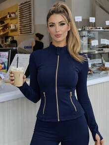 Women's Slim Fit Workout Jacket Zip-Up 4-Way Stretch Thumb Hole Multi Pocket Athletic Activewear Top - Xanh hải quân/Vàng thật - Xem 1