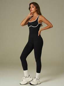 UONNOU 1 PC Women's Black Contrast Trim Ribbed Knit Sleeveless Square Neck Active Jumpsuit For Yoga Gym Spring Summer - Black - View 2