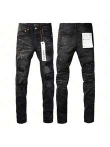 2026 New Hot  Purple American Style Men Jeans High Street  Slim Fit Stretch Black Ripped Skinny Pants Fashionable - 黑色 - 查看 1
