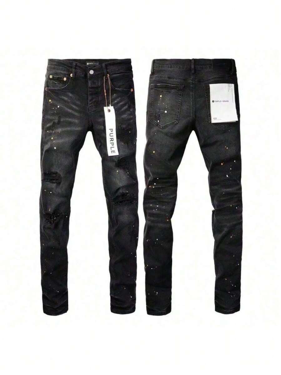 2026 New Hot  Purple American Style Men Jeans High Street  Slim Fit Stretch Black Ripped Skinny Pants Fashionable - 黑色 - 查看 1