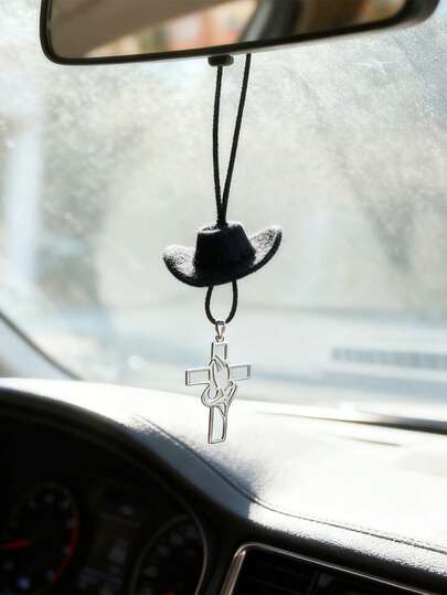 1 pieza Sombrero de vaquero Colgante de cruz para espejo retrovisor de coche, decoración interior de automóvil