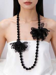 1件装时尚女士马卡龙蓝树脂大号花卉几何木珠项链，欧美风毛衣链，手工制作，结婚礼物 - 藕粉色 - 查看 6