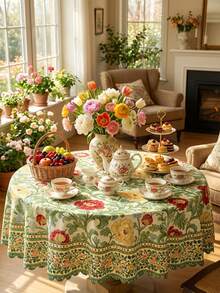 1件复古花卉桌布，牡丹、向日葵和薰衣草印花，蕾丝花边，涤纶材质，适合春季和母亲节主题装饰，防水防污，适用于厨房、餐厅、春季早午餐和母亲节派对 - 彩色 - 查看 2