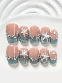 10片裝清新法式航海風 Polygel 壓貼美甲套組，壓克力穿戴甲，藍色迷你泡泡珠、藍色貓眼美甲，基礎百搭款，含美甲工具，3種尺寸可選，方型、短方型、杏仁型，適合派對、舞蹈、日常穿戴，手工製作 - 彩色 - 查看 12
