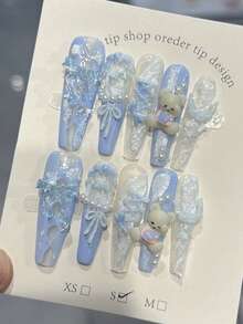 10 móng giả ren Pháp thủ công, hình gấu 3D dễ thương, nơ, ngọc trai, kiểu Lolita màu xanh dương (Bao gồm 1 miếng dán gel + 1 dũa móng) - Màu xanh lam - Xem 2