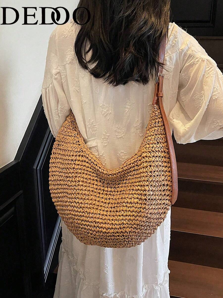 Dedoo Fashionable, Casual, And Lazy-Style Large U-Shaped Straw Crescent Bag, With A Gentle And Relaxed Feel, Super Large Capacity. The Shoulder Strap Is Spliced With Brown Leather, Can Be Carried On One Shoulder Or Cross-Body, Suitable For Summer Countryside/Outings/Seaside Vacations/Commuting