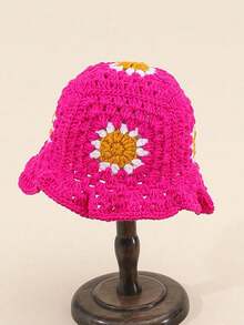 1 chiếc mũ xô đan móc thủ công họa tiết hoa hướng dương trang trí nhiều màu sắc dành cho nữ, phong cách dễ thương và ngọt ngào khi đi du lịch và hoạt động ngoài trời mùa đông thu đông - Màu Hồng Tươi - Xem 12