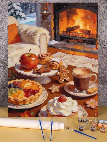 Cozy Fireplace Dessert DIY Oil Painting By Numbers Canvas Painting Crafts Adult Home Decoration 40x50cm/16x20inch Holiday Gifts