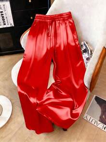 1 pieza Pantalón con cordón de tela tejida de unicolor, adecuado para vacaciones, escuela, fiesta, aeropuerto, actuación en el escenario, otoño/invierno con acabado brillante de primavera - Rojo - Ver 5