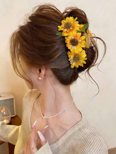 1 pieza Clip de pelo con flor de girasol bohemio de imitación a la moda, adecuado para decoración de vacaciones en la playa, regalo para amigos, accesorios de verano para el cabello, pinza de playa