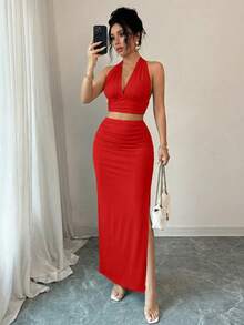 abyoxi Top corto con escote en V profundo y espalda descubierta con lazo, emparejado con falda larga con abertura lateral fruncida, conjunto de 2 piezas de moda para boda, cita, primavera/verano - rojo brillante - Ver 8