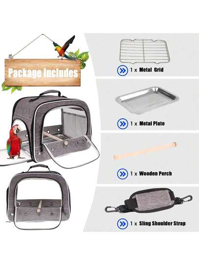 1 Lồng vận chuyển vẹt cỡ lớn di động: Bao gồm túi đựng, khay kim loại và lưới - Thích hợp để mang/vận chuyển vẹt xám châu Phi, vẹt Eclectus và các loài chim cỡ trung bình đến lớn khác, phụ kiện cho ô tô