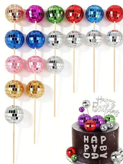 10pcs Disco Ball Cake Toppers, Suitable For Cupcakes And Cake Decorations, Feather-Free Disco Theme Party Supplies, Fit For 70s Celebration, Birthday, Retro Events, Christmas Party And Gathering, 1 Set