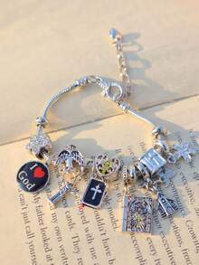 1件耶稣十字架宗教手链，圣经十字架DIY手链，宗教心形樱花手链，十字架天使心形手链 - 銀色 - 查看 5