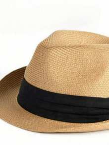 1 chiếc mũ Panama nam chống nắng có dải băng dệt màu đen, mũ cao bồi, mũ đi biển. - Màu Khaki - Xem 4