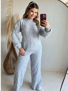 Women's Winter Mousse Knit Set - Wide-Leg Pants And Braided Blouse - 石楠灰 - 查看 1
