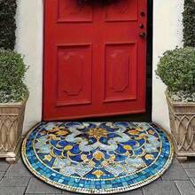 1 pieza Felpudo semicircular con diseño floral azul y dorado, felpudo de entrada, alfombra pequeña, felpudo de bienvenida, alfombra, felpudo de piso, felpudo de exterior, alfombra de cocina, decoración del hogar, felpudo de puerta principal, alfombra pequeña de área, felpudo de exterior, decoración del hogar, alfombra de área, alfombra de jardín, alfombra lavable - Multicolor - Ver 4