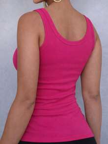 Women's Ribbed Tank Top With Square Neckline, U-Shaped Wide Straps, Premium Comfortable Ribbed Knit - Hot Pink - View 5