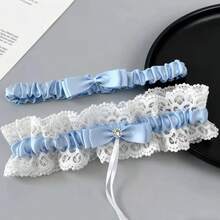 1 par de liga de novia con flor de ciruelo de circonita, cadena de pierna de encaje blanco, liga de pierna con lazo de rhinestone, adecuado para novia, boda, baile de graduación (se enviará el estilo al azar) - Neblina azul - Ver 4